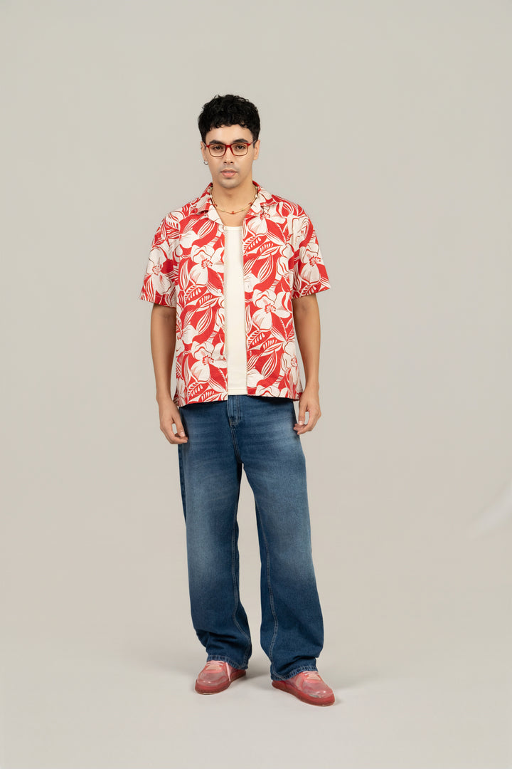 Men’s Loose Fit Printed Red Cuban Collar Shirt – Tropical Vibes, Relaxed Style