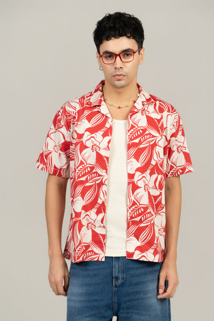 Men’s Loose Fit Printed Red Cuban Collar Shirt – Tropical Vibes, Relaxed Style