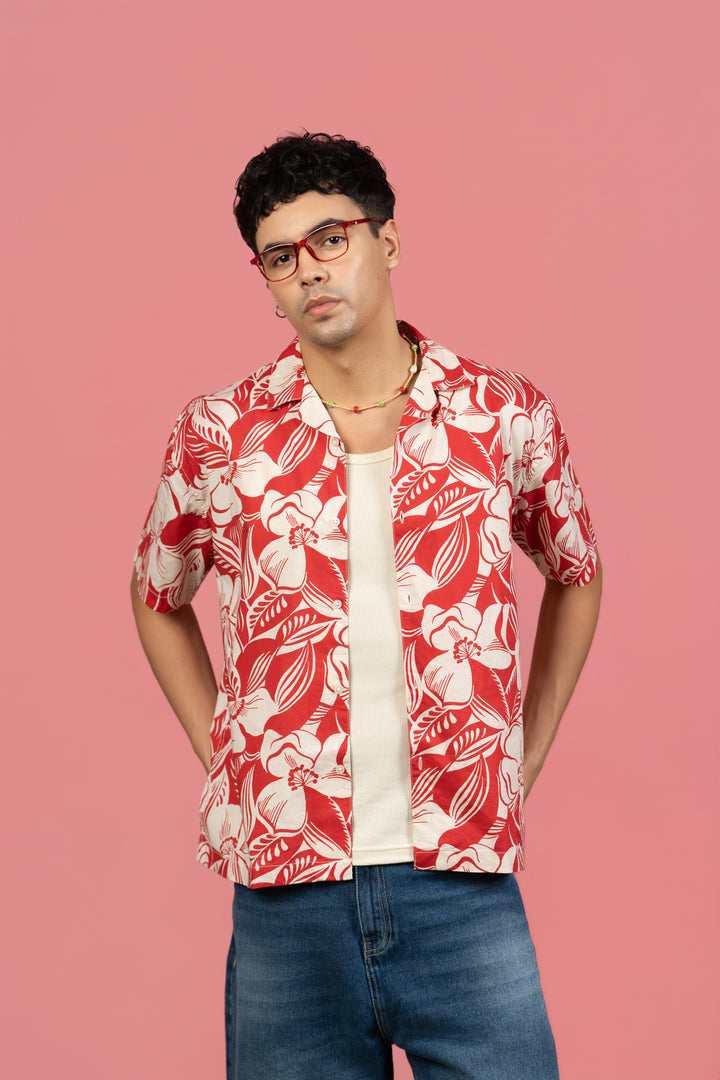 Men’s Loose Fit Printed Red Cuban Collar Shirt – Tropical Vibes, Relaxed Style