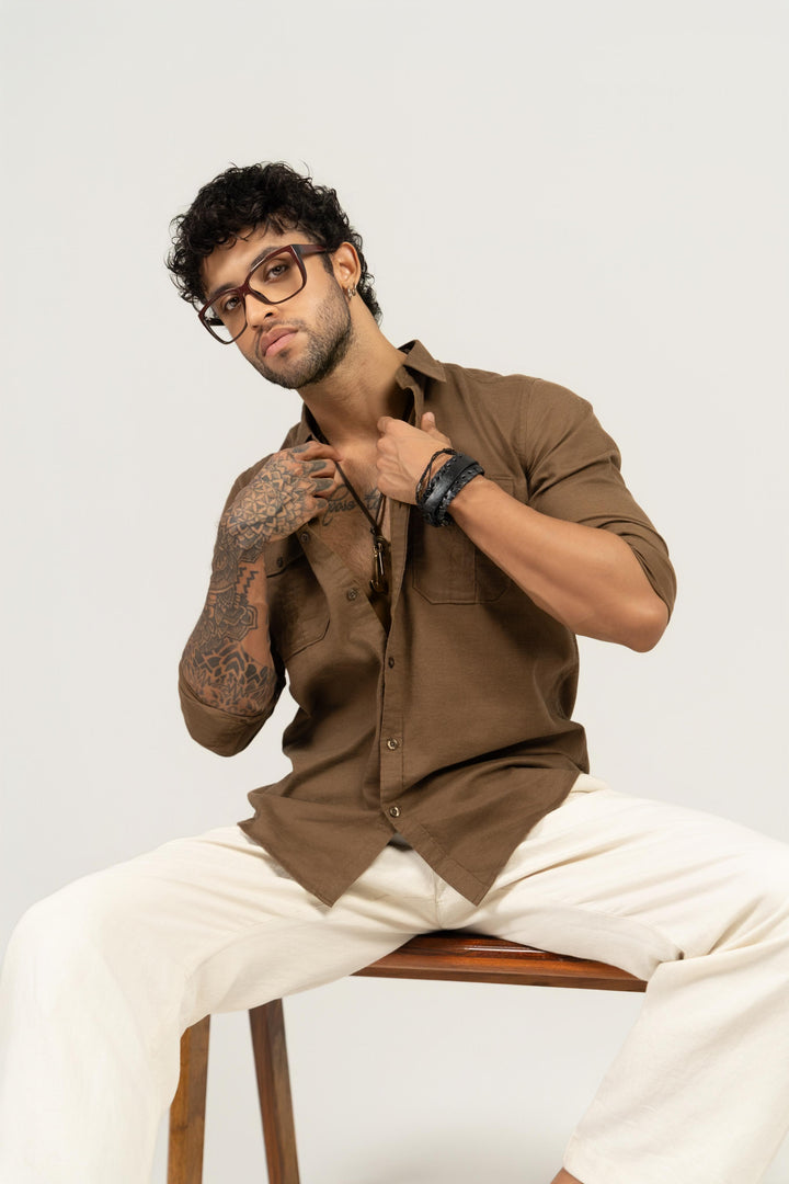 Men’s Full Sleeve Safari Shirt – Khaki Brown