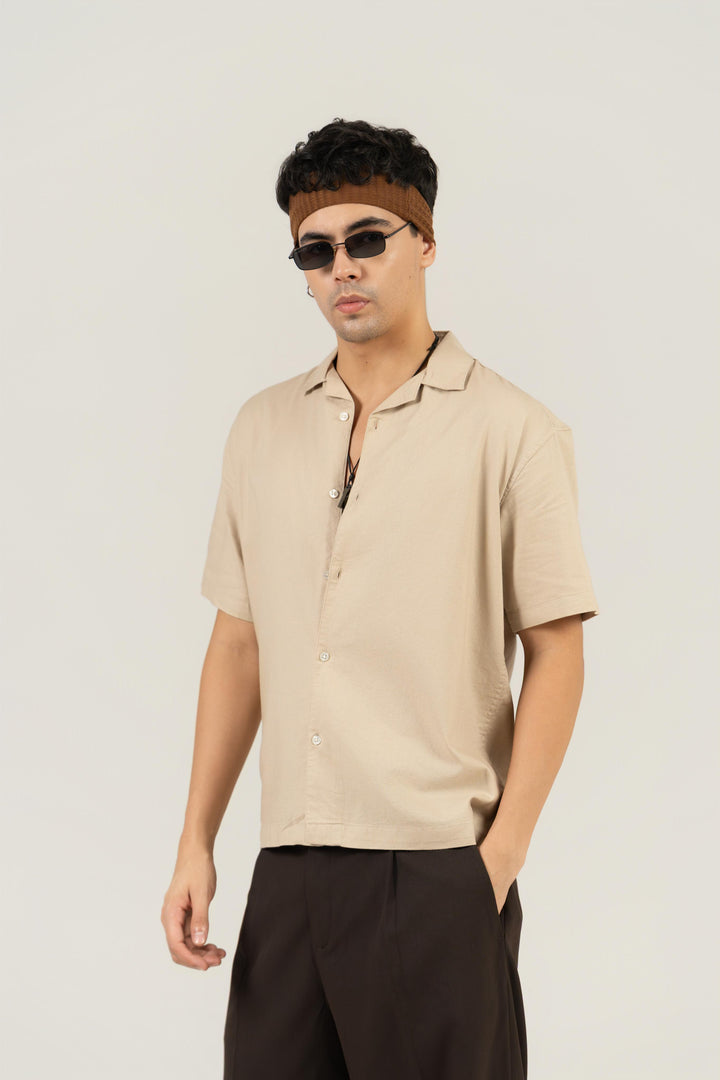 Beige Half Sleeve Cuban Collar Shirt – Loose Fit