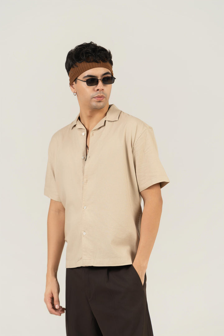 Beige Half Sleeve Cuban Collar Shirt – Loose Fit