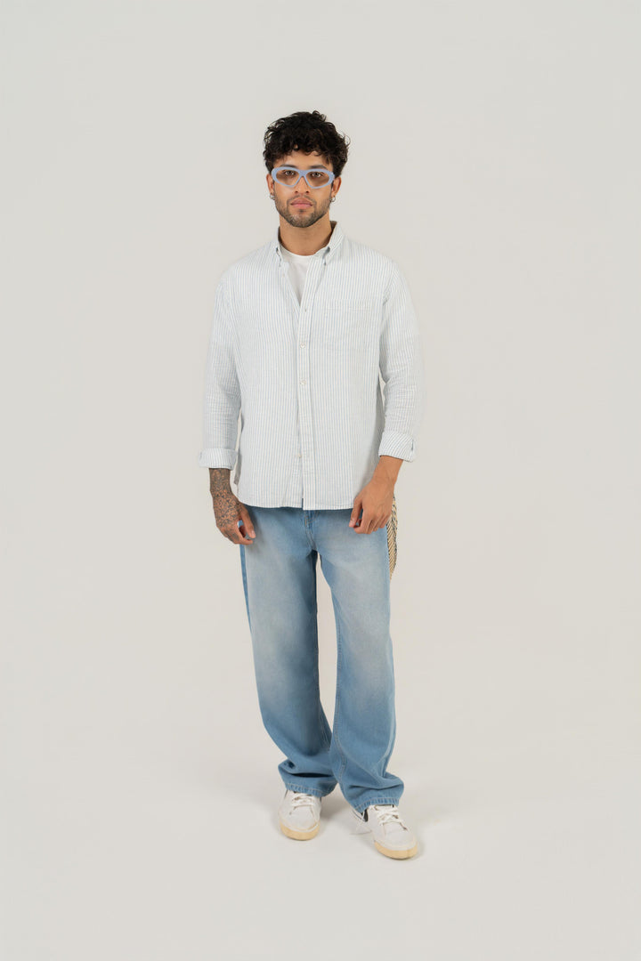 Men’s Blue Striped Cotton Shirt – Full Sleeve, Regular Fit, Classic Collar