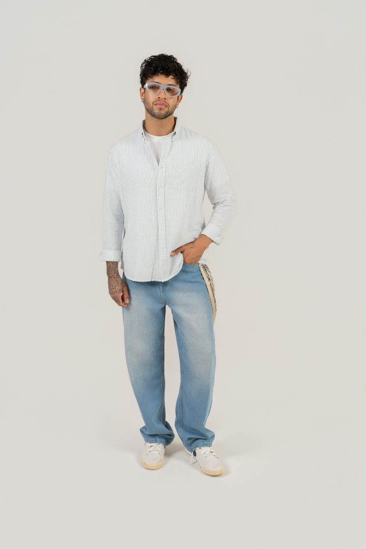 Men’s Blue Striped Cotton Shirt – Full Sleeve, Regular Fit, Classic Collar