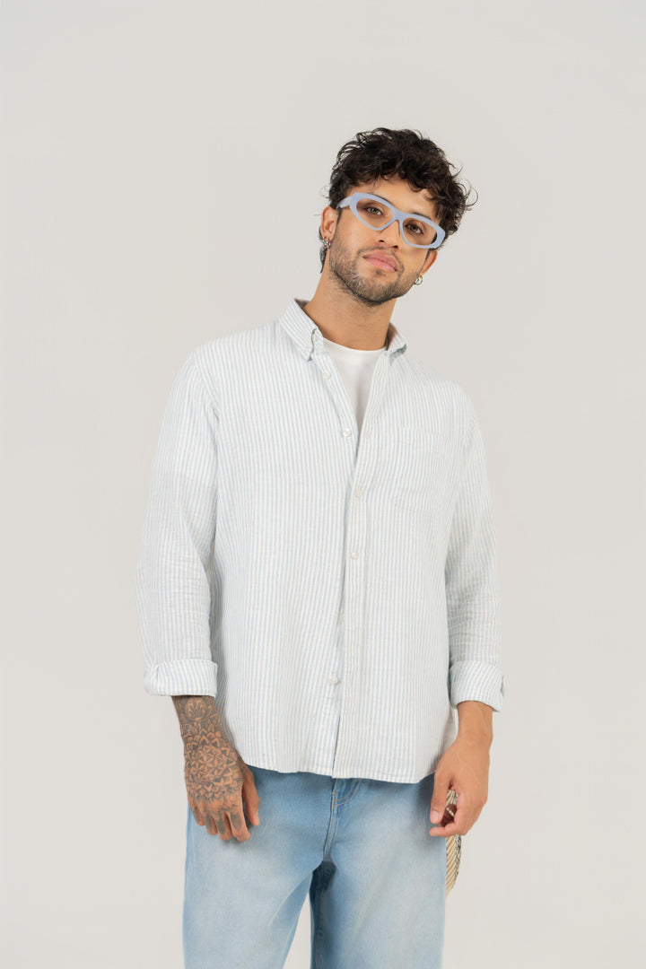 Men’s Blue Striped Cotton Shirt – Full Sleeve, Regular Fit, Classic Collar