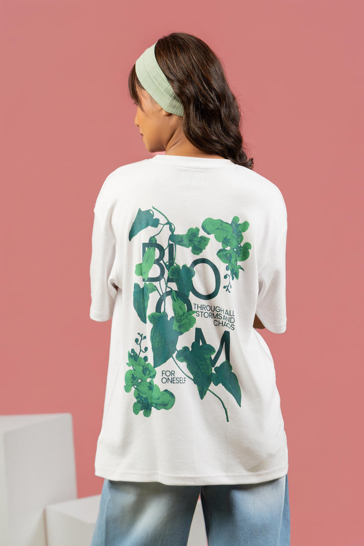 Bloom Printed Oversized Tee – White (For Women)