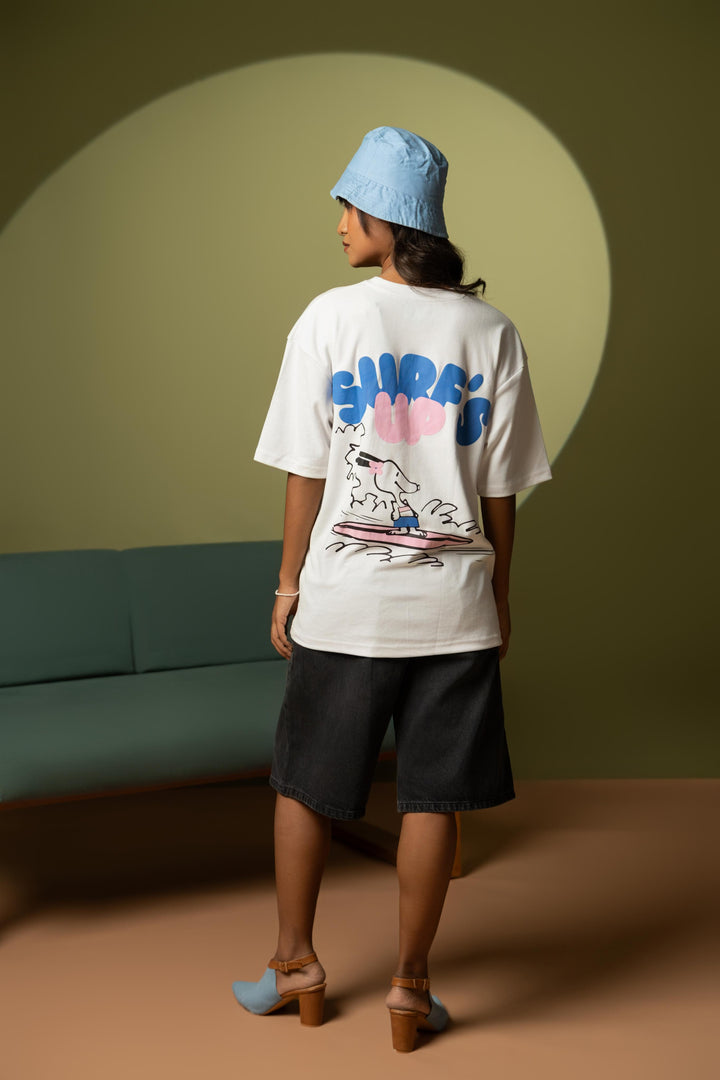 Surf’s Up Printed Oversized Tee – White (For Women)