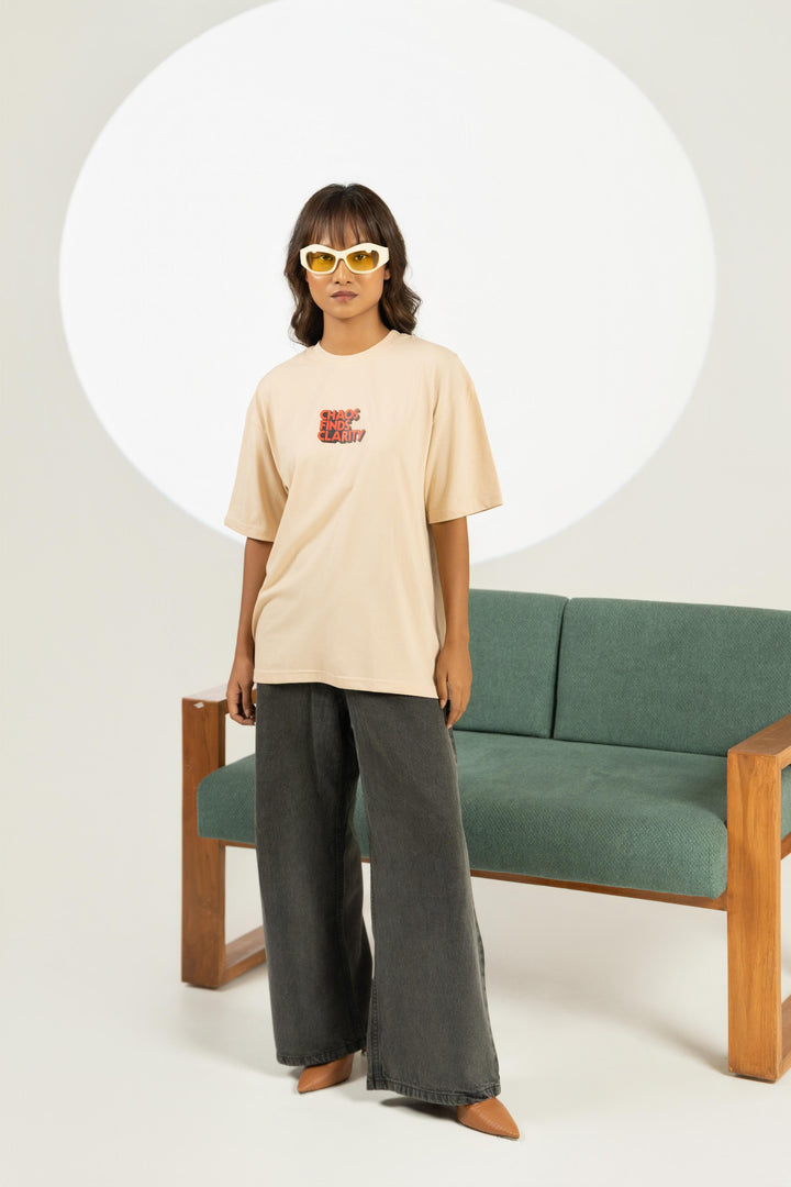 Broken Records Printed Oversized Tee – Beige (For Women)