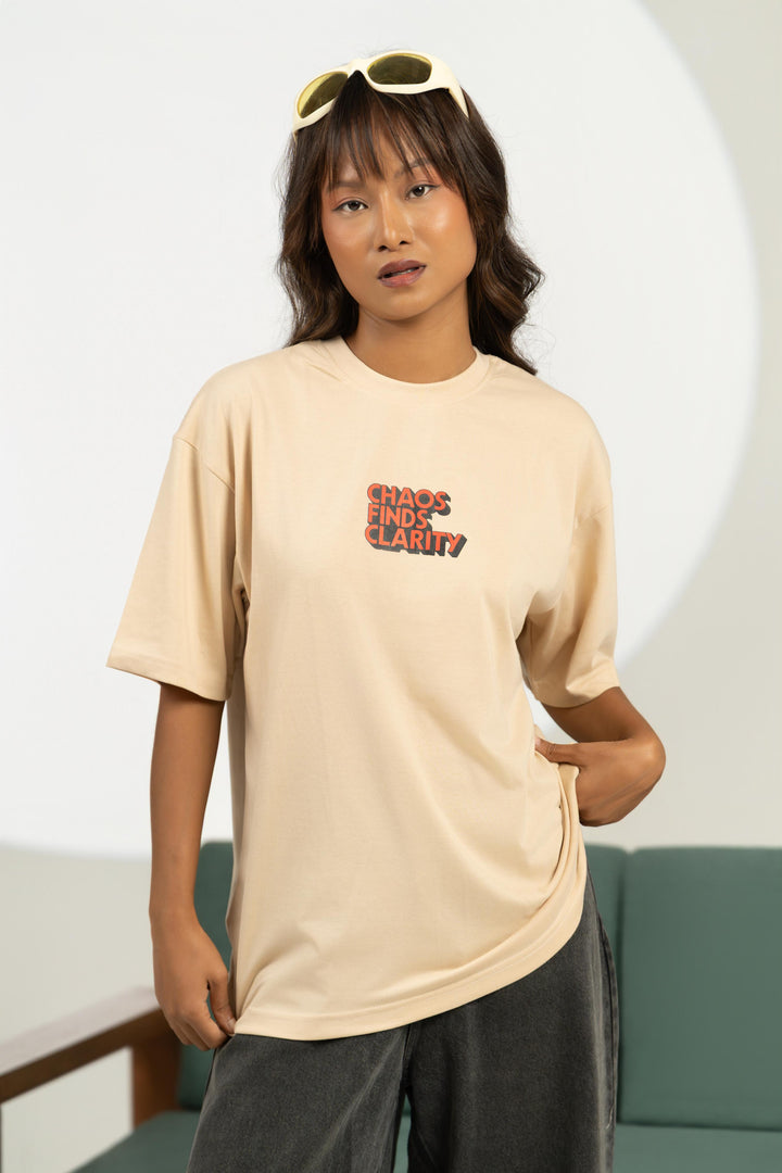 Broken Records Printed Oversized Tee – Beige (For Women)