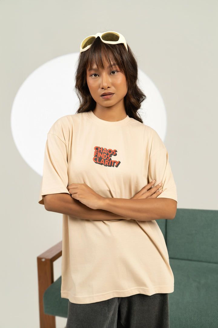 Broken Records Printed Oversized Tee – Beige (For Women)
