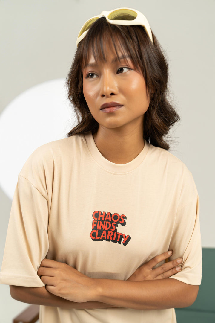 Broken Records Printed Oversized Tee – Beige (For Women)