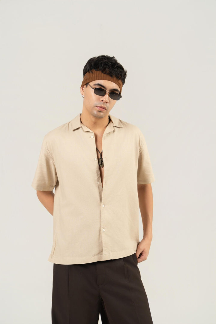Beige Half Sleeve Cuban Collar Shirt – Loose Fit - Gimaq - The magic shuffle!