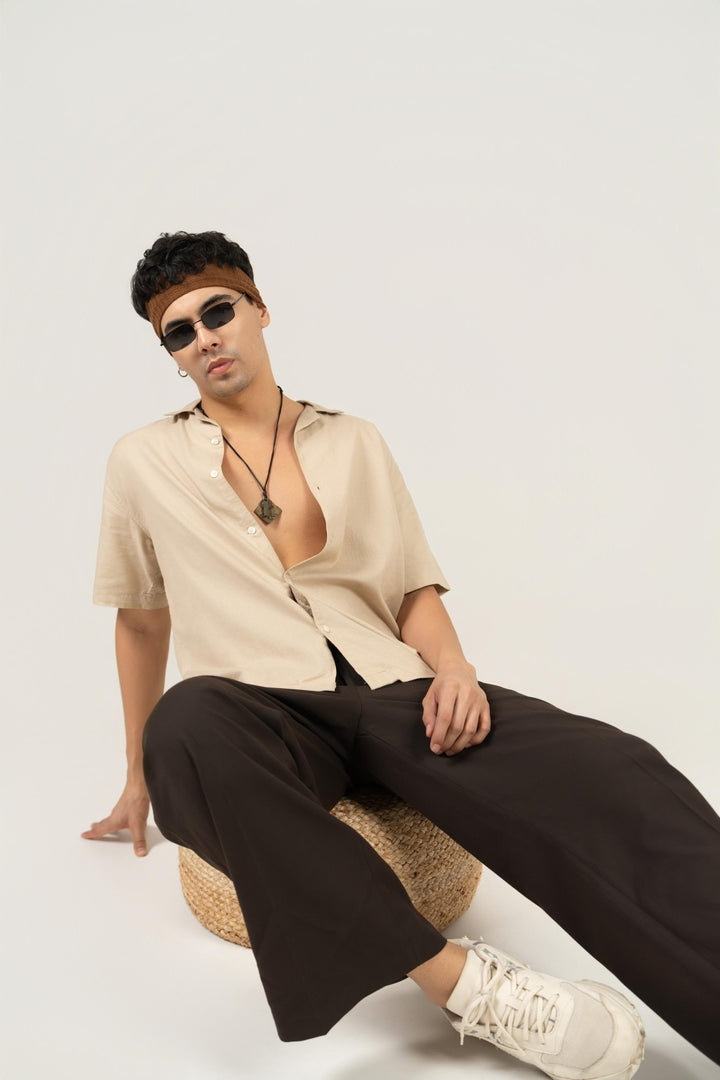 Beige Half Sleeve Cuban Collar Shirt – Loose Fit - Gimaq - The magic shuffle!