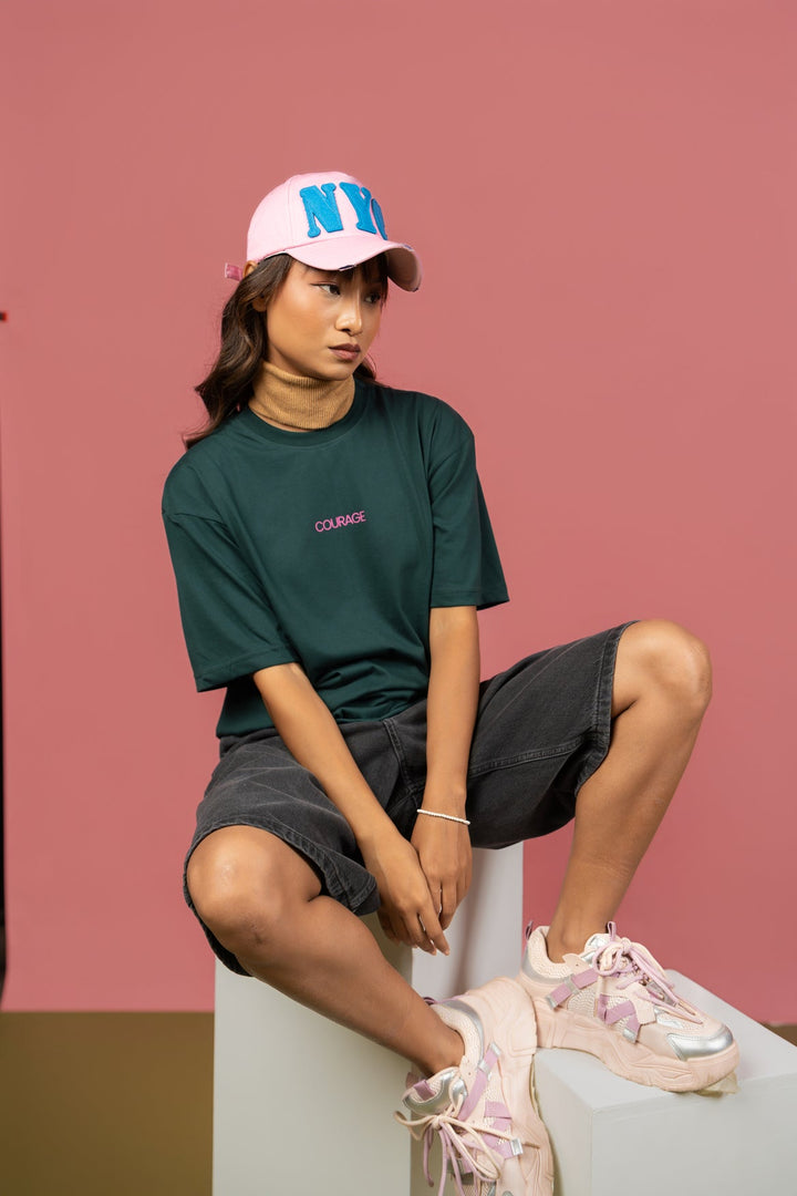 Bloom Printed Oversized Tee – Dark Green(For Women) - Gimaq - The magic shuffle!