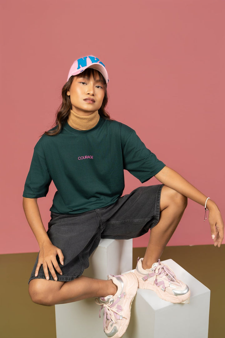 Bloom Printed Oversized Tee – Dark Green(For Women) - Gimaq - The magic shuffle!