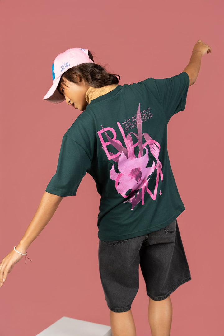 Bloom Printed Oversized Tee – Dark Green(For Women) - Gimaq - The magic shuffle!