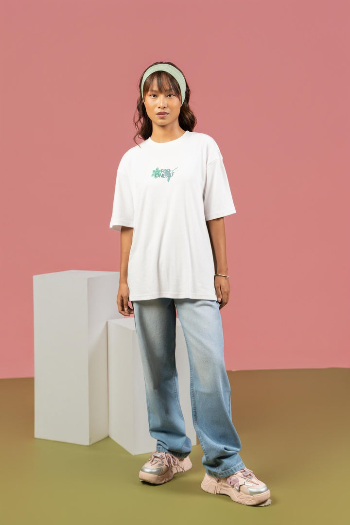 Bloom Printed Oversized Tee – White (For Women) - Gimaq - The magic shuffle!