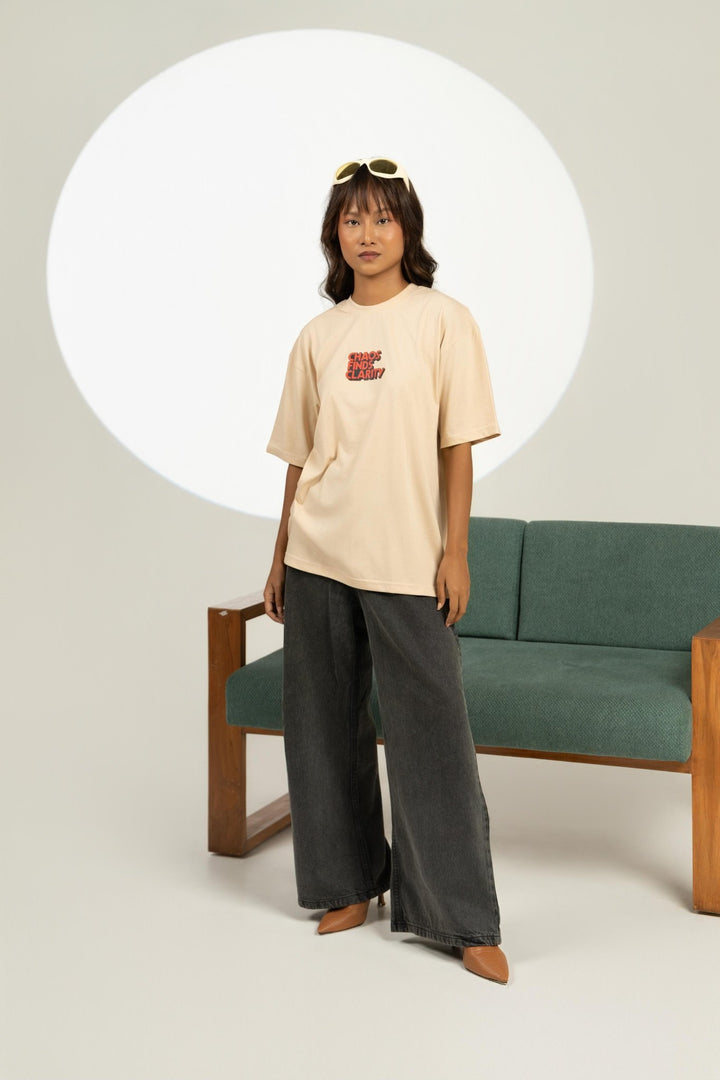 Broken Records Printed Oversized Tee – Beige (For Women) - Gimaq - The magic shuffle!
