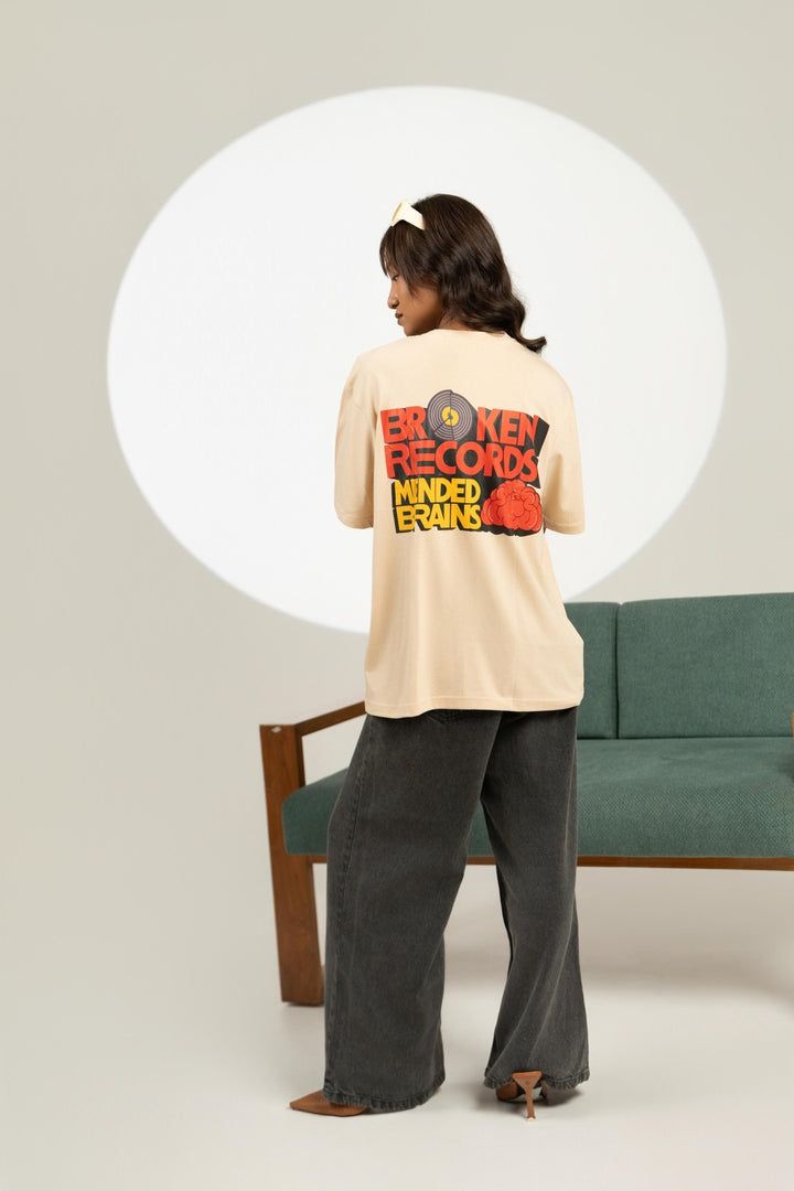 Broken Records Printed Oversized Tee – Beige (For Women) - Gimaq - The magic shuffle!