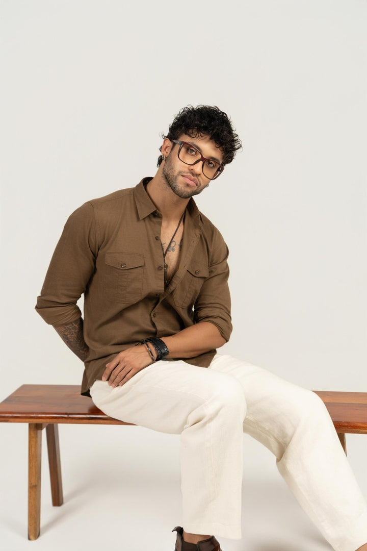 Men’s Full Sleeve Safari Shirt – Khaki Brown - Gimaq - The magic shuffle!
