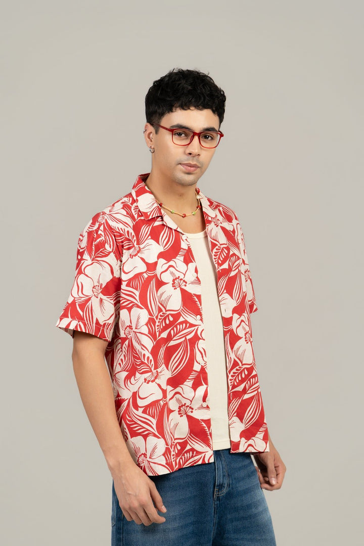 Men’s Loose Fit Printed Red Cuban Collar Shirt – Tropical Vibes, Relaxed Style - Gimaq - The magic shuffle!