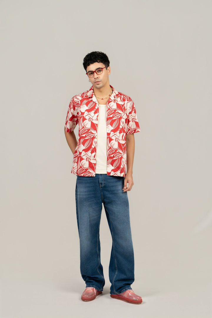 Men’s Loose Fit Printed Red Cuban Collar Shirt – Tropical Vibes, Relaxed Style - Gimaq - The magic shuffle!