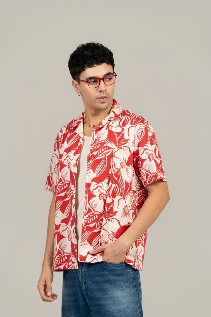 Men’s Loose Fit Printed Red Cuban Collar Shirt – Tropical Vibes, Relaxed Style - Gimaq - The magic shuffle!