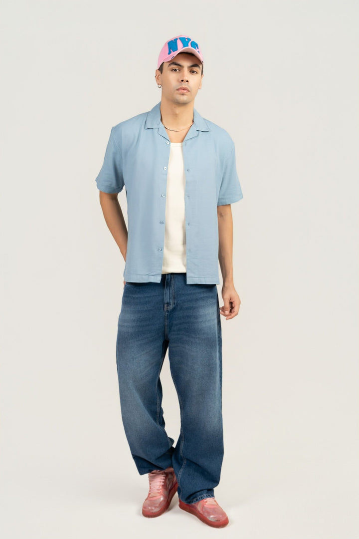 Powder Blue Half Sleeve Cuban Collar Shirt – Loose Fit - Gimaq - The magic shuffle!