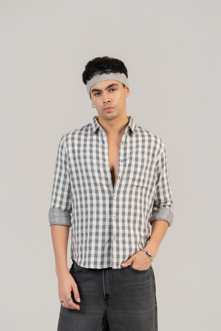 Grey Checkered Cotton Shirt – Full Sleeve, Regular Fit