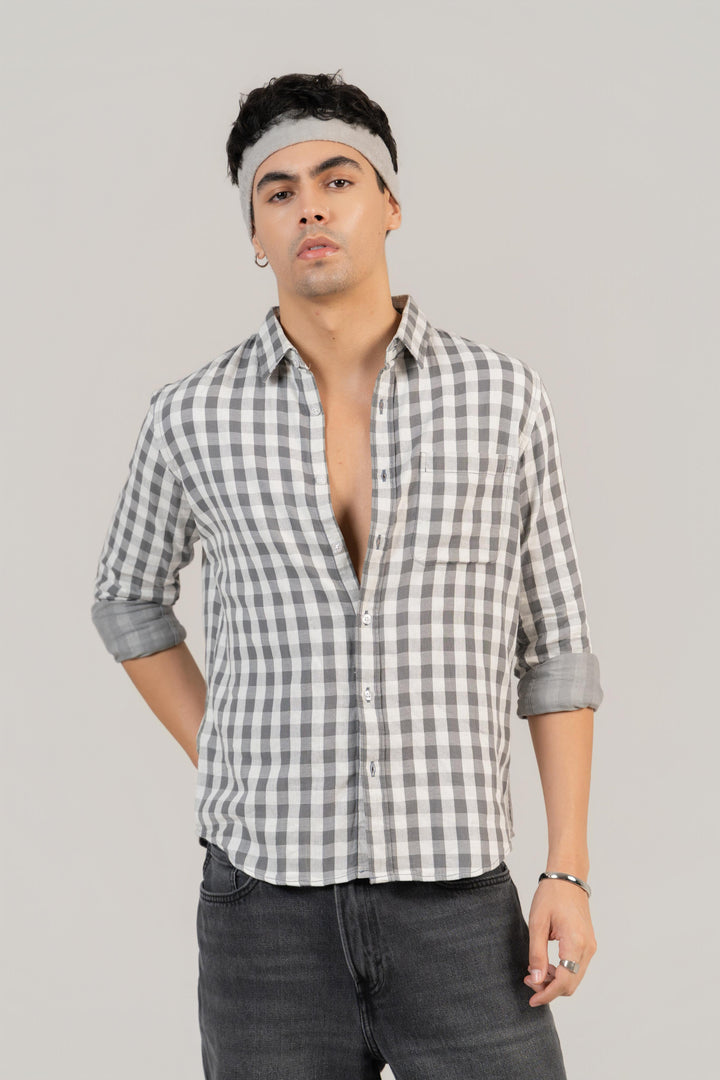Grey Checkered Cotton Shirt – Full Sleeve, Regular Fit