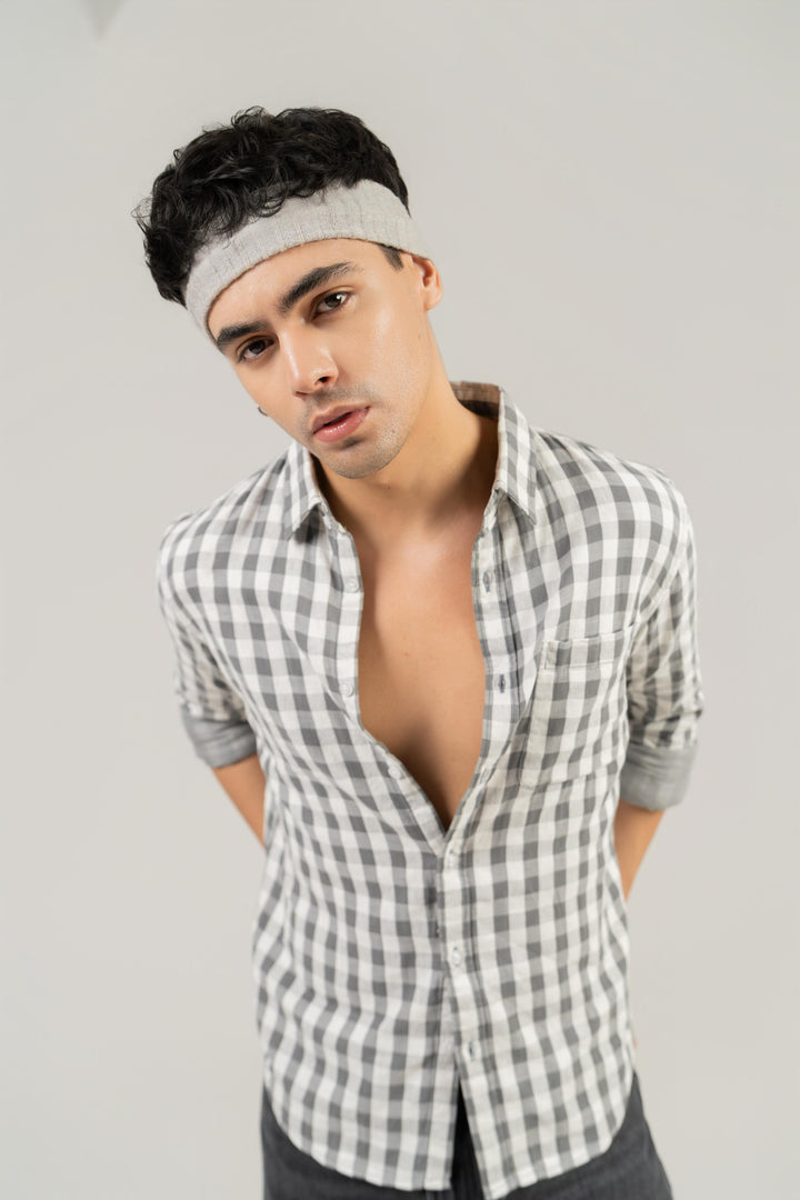 Grey Checkered Cotton Shirt – Full Sleeve, Regular Fit