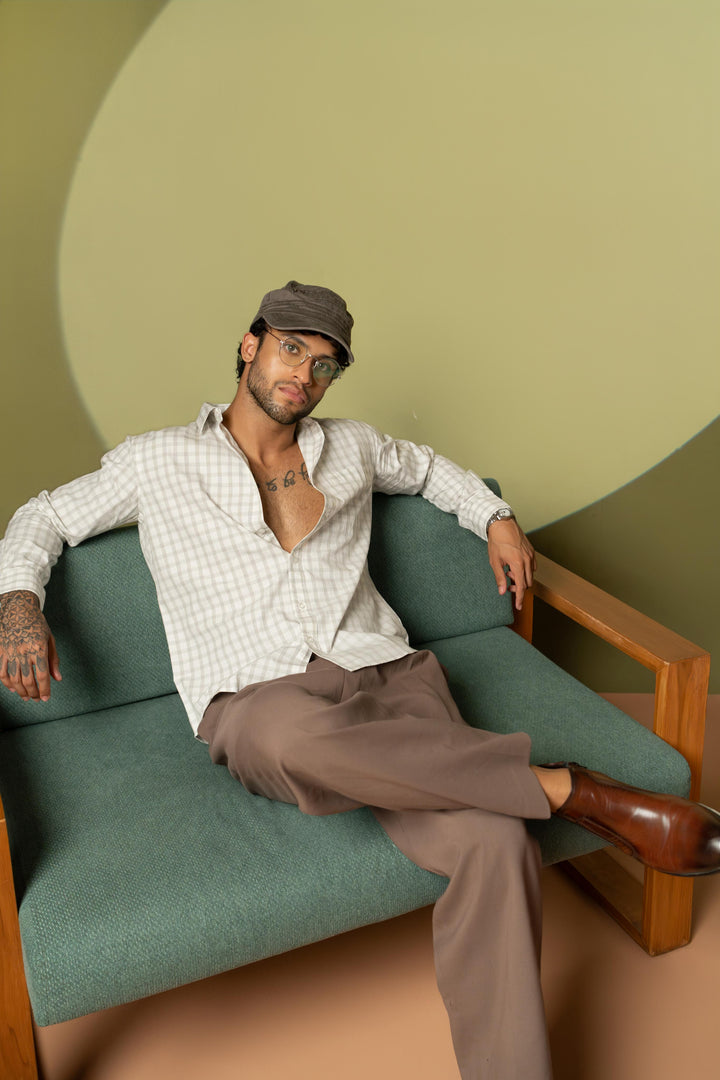 White Checkered Cotton Shirt – Full Sleeve, Regular Fit