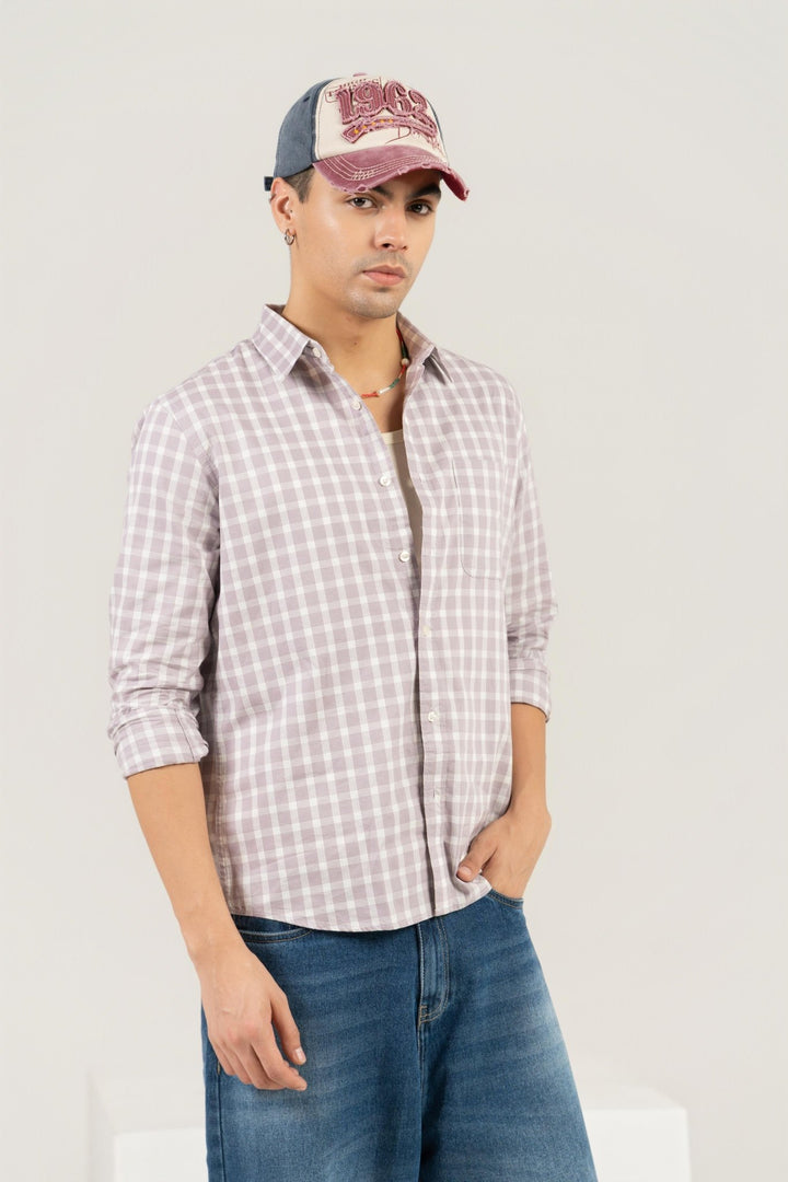 Lavender Checkered Cotton Shirt – Full Sleeve, Regular Fit - Gimaq - The magic shuffle!